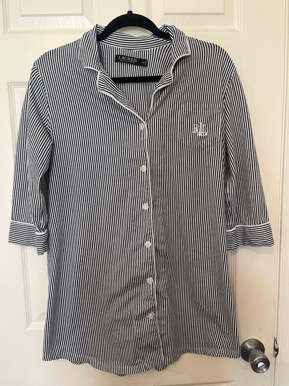 Lauren Ralph Lauren Medium Navy & White Striped Cotton Sleep Shirt Resortwear